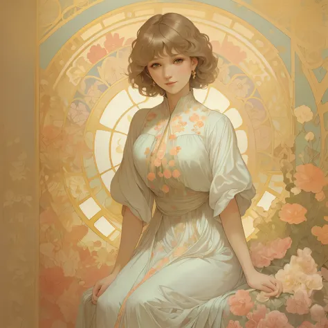378(20 year old women),(short hair),(gentle smile),(high quality photos),(Alphonse Mucha),(colorful floral dress),(A room with a large painting),((contrast between light and shade))