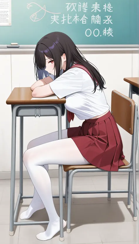 adult women, full body, sitting in a classroom, erotic, dynamic pose, red school uniform, sexdoll:1.0 (masterpiece, best quality), red or white pantyhose, vivid colors, HDR, volumetric Lighting, classroom background, dynamic image,