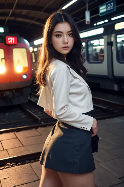 animation、high image quality、high resolution、masterpiece、A very dark scene、Rural Station、one woman、white see-through blouse、short blue jacket、black miniskirt from above anguish、has her hands open sideways、I'm staring、tight expression、Dark train station pla...