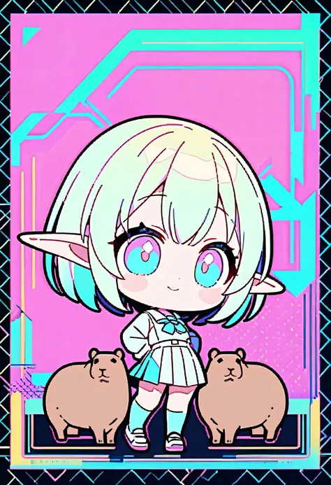 ((cute,  chibi)) 1 girl, solo, standing, big smile, an elf girl facing the viewer, big ears on the side、(next to a capybara looking up at her),A small capybara、 masterpiece, wallpaper, background ( neon pastel colors,  geometric), Line art、school uniform