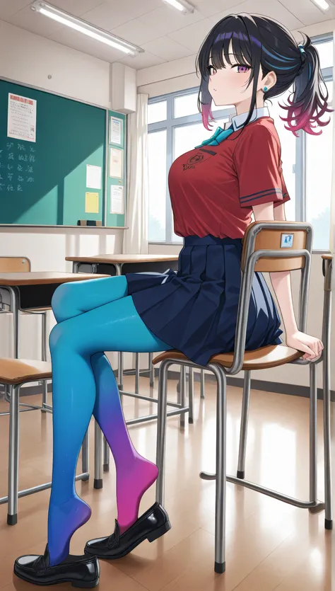 adult women, full body, sitting in a classroom, erotic, dynamic pose, red school uniform, (masterpiece, best quality), colorful pantyhose, vivid colors, shoe dangle:1.0, HDR, volumetric Lighting, classroom background, dynamic image,