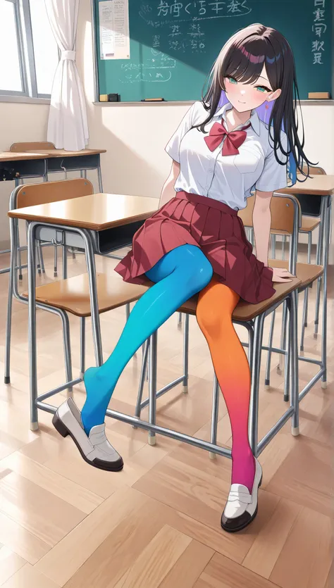 adult women, full body, sitting in a classroom, erotic, dynamic pose, red school uniform, (masterpiece, best quality), colorful pantyhose, vivid colors, shoe dangle:1.0, HDR, volumetric Lighting, classroom background, dynamic image,