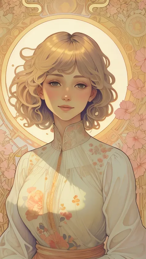 378(20 year old women),(short hair),(gentle smile),(high quality photos),(Alphonse Mucha),(colorful floral dress),(A room with a large painting),((contrast between light and shade))