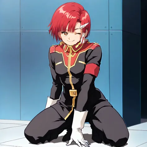 kachua rees, red hair, short hair, brown eyes, smile, wink, closed mouth