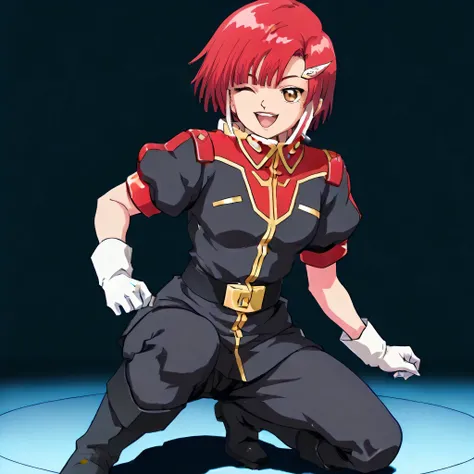 kachua rees, red hair, short hair, brown eyes, smile, wink, open mouth