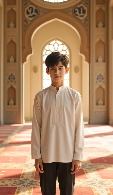 Handsome Asian age boy with short black hair, slim body, wearing a clean white kurta and black pants, standing and facing the viewer with a light, respectful smile. He is inside a beautifully decorated mosque — featuring elegant arches, patterned carpets, ...