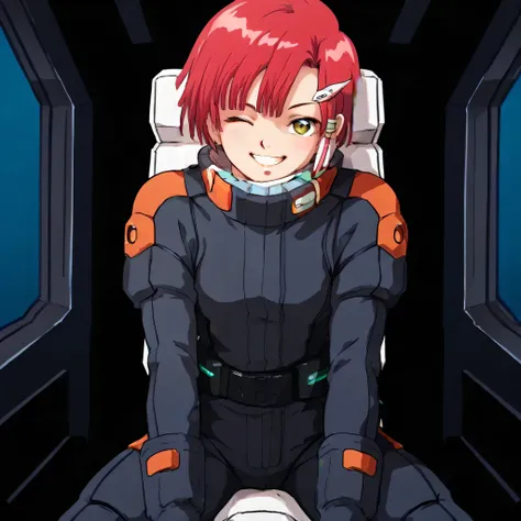 kachua rees, red hair, short hair, brown eyes, smile, wink