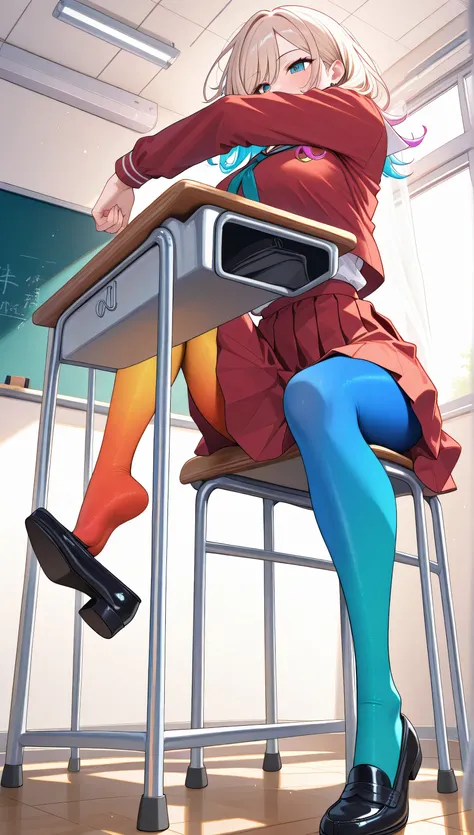adult women, full body, sitting in a classroom, erotic, dynamic pose, red school uniform, (masterpiece, best quality), colorful pantyhose, vivid colors, shoe dangle:1.0, HDR, volumetric Lighting, classroom background, dynamic image,