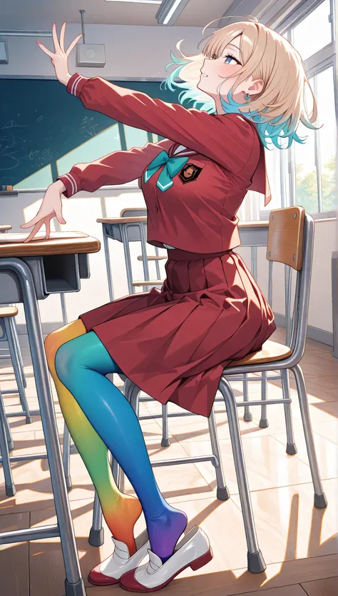 adult women, full body, sitting in a classroom, erotic, dynamic pose, red school uniform, (masterpiece, best quality), colorful pantyhose, vivid colors, shoe dangle:1.0, HDR, volumetric Lighting, classroom background, dynamic image,
