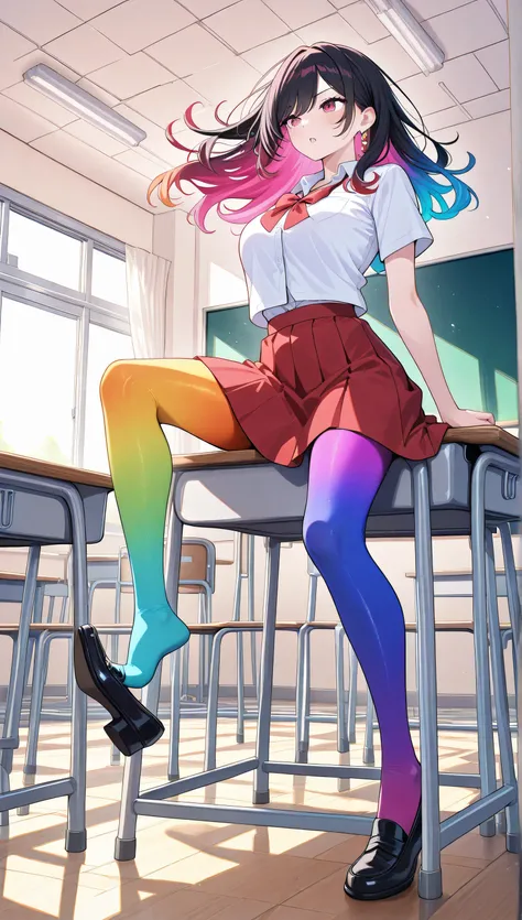 adult women, full body, sitting in a classroom, erotic, dynamic pose, red school uniform, (masterpiece, best quality), colorful pantyhose, vivid colors, shoe dangle:1.0, HDR, volumetric Lighting, classroom background, dynamic image,
