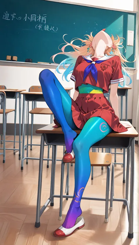 adult women, full body, sitting in a classroom, erotic, dynamic pose, red school uniform, (masterpiece, best quality), colorful pantyhose, colorful bodystocking, vivid colors, shoe dangle:1.0, HDR, volumetric Lighting, classroom background, dynamic image,