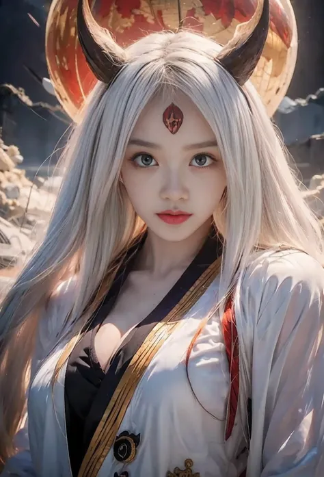 source_anime, (masterpiece), (best quality), score_9, score_8_up, score_7_up, (masterpiece:1.2), (best quality:1.3), 1girl kaguya_otsk, long hair, looking at viewer, third eye, horns, japanese clothes, pale skin, red moon, cleavage, angry expression, facia...