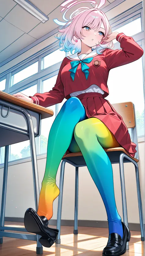 adult women, full body, sitting in a classroom, erotic, dynamic pose, red school uniform, (masterpiece, best quality), colorful pantyhose, vivid colors, shoe dangle:1.0, HDR, volumetric Lighting, classroom background, dynamic image,