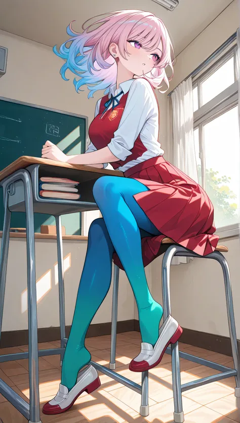 adult women, full body, sitting in a classroom, erotic, dynamic pose, red school uniform, (masterpiece, best quality), colorful pantyhose, vivid colors, shoe dangle:1.0, HDR, volumetric Lighting, classroom background, dynamic image,
