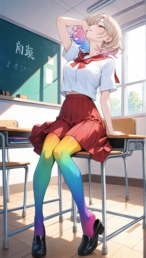 adult women, full body, sitting in a classroom, erotic, dynamic pose, red school uniform, (masterpiece, best quality), colorful pantyhose, vivid colors, shoe dangle:1.0, HDR, volumetric Lighting, classroom background, dynamic image,