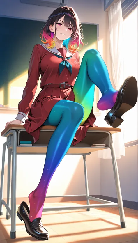 adult women, full body, sitting in a classroom, erotic, dynamic pose, red school uniform, (masterpiece, best quality), colorful pantyhose, vivid colors, shoe dangle:1.0, HDR, volumetric Lighting, classroom background, dynamic image,