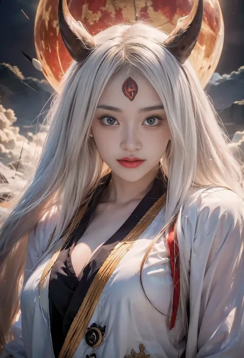 source_anime, (masterpiece), (best quality), score_9, score_8_up, score_7_up, (masterpiece:1.2), (best quality:1.3), 1girl kaguya_otsk, long hair, looking at viewer, third eye, horns, japanese clothes, pale skin, red moon, cleavage, angry expression, facia...