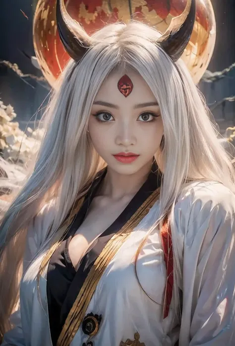 source_anime, (masterpiece), (best quality), score_9, score_8_up, score_7_up, (masterpiece:1.2), (best quality:1.3), 1girl kaguya_otsk, long hair, looking at viewer, third eye, horns, japanese clothes, pale skin, red moon, cleavage, angry expression, facia...