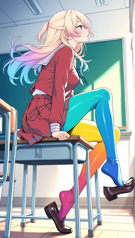 adult women, full body, sitting in a classroom, erotic, dynamic pose, red school uniform, (masterpiece, best quality), colorful pantyhose, vivid colors, shoe dangle:1.0, HDR, volumetric Lighting, classroom background, dynamic image,