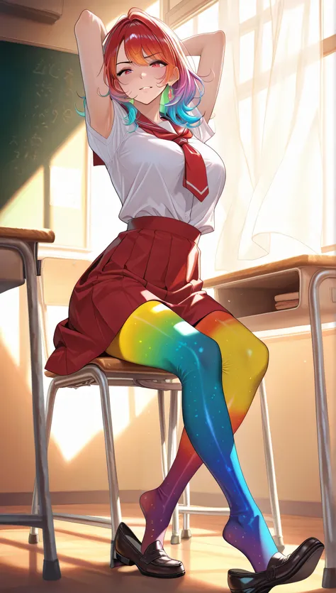 adult women, full body, sitting in a classroom, erotic, dynamic pose, red school uniform, (masterpiece, best quality), colorful pantyhose, vivid colors, shoe dangle:1.0, HDR, volumetric Lighting, classroom background, dynamic image,
