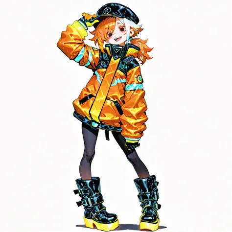 high resolution、High Quality、Shortcuts,    low ponytail  、 white hair、orange hair、 stupid hair、Black Pantyhose  、boyish cyberpunk clothes、double teeth、solo、lumpy platform boots、 asymmetric hair 、  simple eyes  、white background、standing、{{{really big rough...
