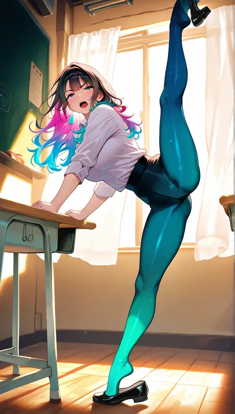 2 adult women, full body, erotic, dynamic pose, (masterpiece, best quality), colorful pantyhose, vivid colors, shoe dangle:1.0, HDR, volumetric Lighting, classroom background, dynamic image,