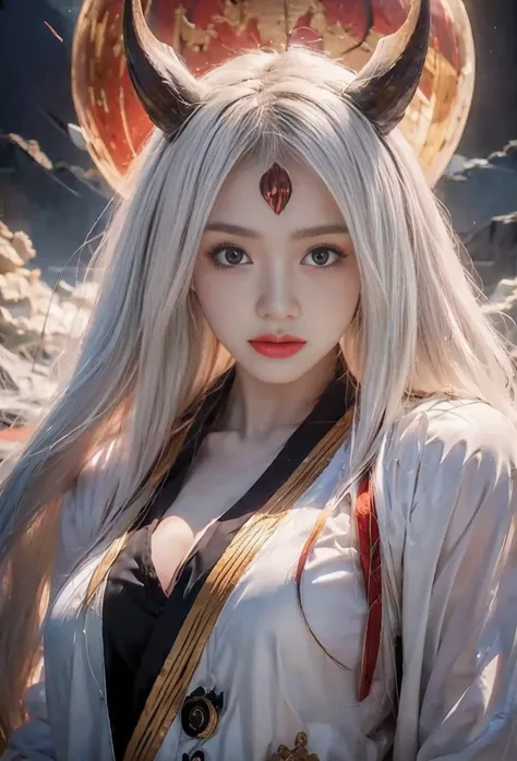 source_anime, (masterpiece), (best quality), score_9, score_8_up, score_7_up, (masterpiece:1.2), (best quality:1.3), 1girl kaguya_otsk, long hair, looking at viewer, third eye, horns, japanese clothes, pale skin, red moon, cleavage, angry expression, facia...