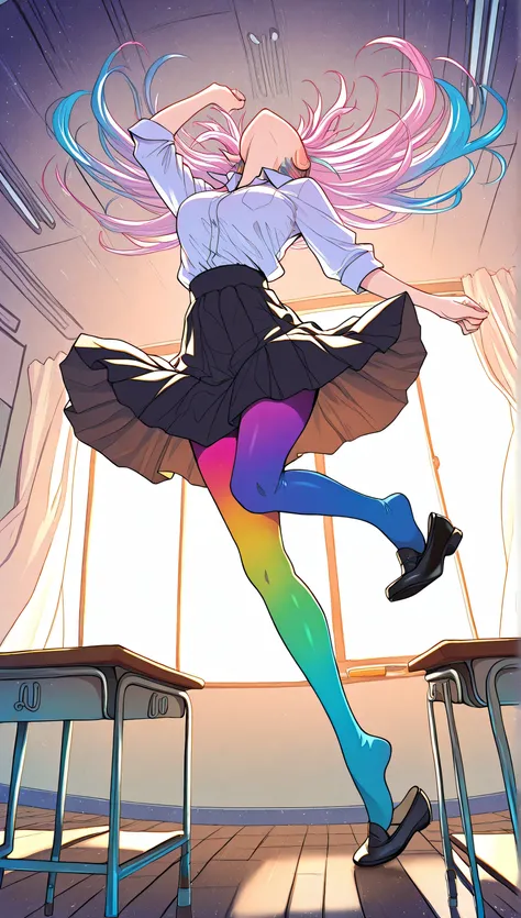 2 adult women, full body, erotic, dynamic pose, (masterpiece, best quality), colorful pantyhose, vivid colors, shoe dangle:1.0, HDR, volumetric Lighting, classroom background, dynamic image,