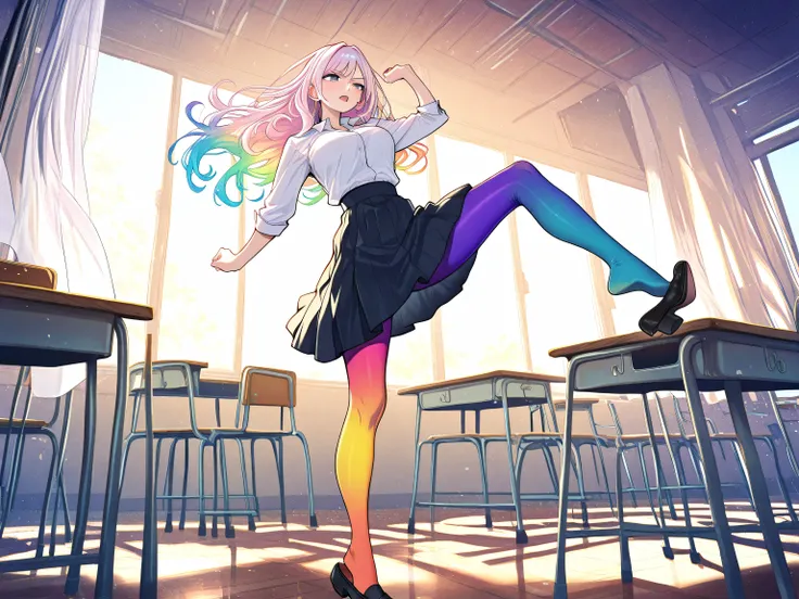 2 adult women, full body, erotic, dynamic pose, (masterpiece, best quality), colorful pantyhose, vivid colors, shoe dangle:1.0, HDR, volumetric Lighting, classroom background, dynamic image,