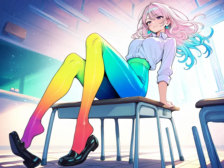 2 adult women, full body, erotic, dynamic pose, (masterpiece, best quality), colorful pantyhose, vivid colors, shoe dangle:1.0, HDR, volumetric Lighting, classroom background, dynamic image,