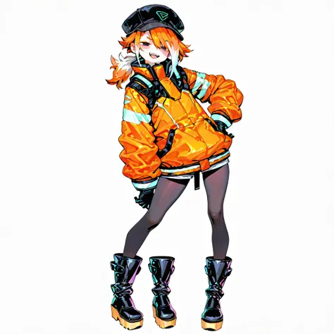 high resolution、High Quality、Shortcuts,    low ponytail  、 white hair、orange hair、 stupid hair、Black Pantyhose  、boyish cyberpunk clothes、double teeth、solo、lumpy platform boots、 asymmetric hair 、  simple eyes  、white background、standing、{{{really big rough...