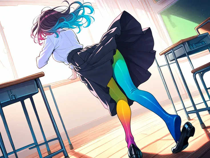 2 adult women, full body, erotic, dynamic pose, (masterpiece, best quality), colorful pantyhose, vivid colors, shoe dangle:1.0, HDR, volumetric Lighting, classroom background, dynamic image,