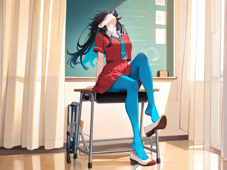 adult women, full body, sitting in a classroom, erotic, dynamic pose, red school uniform, (masterpiece, best quality), colorful pantyhose, vivid colors, shoe dangle:1.0, HDR, volumetric Lighting, classroom background, dynamic image,