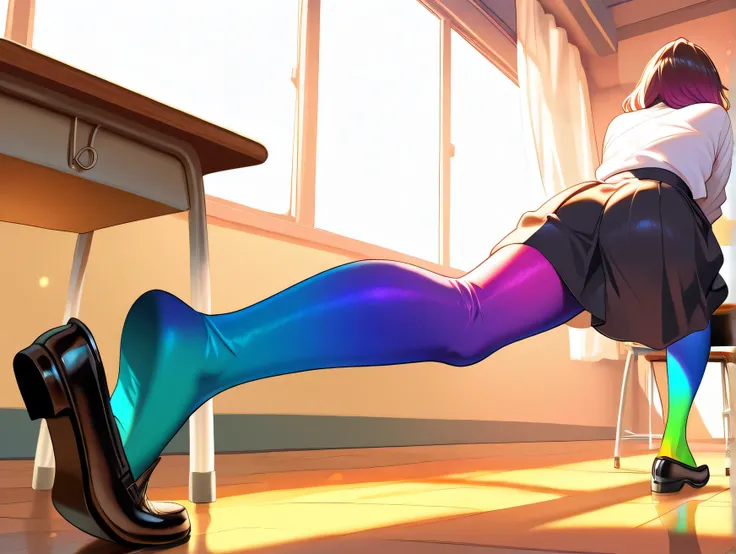 2 adult women, full body, erotic, dynamic pose, (masterpiece, best quality), colorful pantyhose, vivid colors, shoe dangle:1.0, HDR, volumetric Lighting, classroom background, dynamic image,