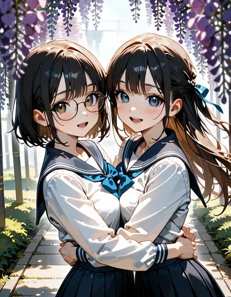 (score_9, score_8_up, score_7_up), source_Anime, absurd_res, white, blue, black, 2girls, duo, upper body, super fine illustration, an extremely delicate and beautiful, best quality, masterpiece, 8K, spring setting, wisteria flowers, gentle breeze, sunlight...