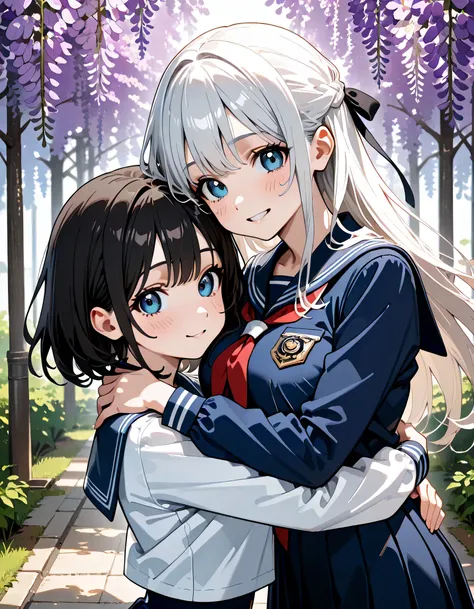 (score_9, score_8_up, score_7_up), source_Anime, absurd_res, white, blue, black, 2girls, duo, upper body, super fine illustration, an extremely delicate and beautiful, best quality, masterpiece, 8K, spring setting, wisteria flowers, gentle breeze, sunlight...