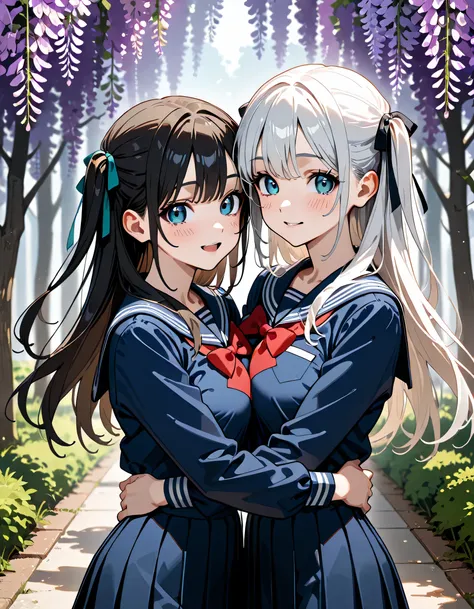 (score_9, score_8_up, score_7_up), source_Anime, absurd_res, white, blue, black, 2girls, duo, upper body, super fine illustration, an extremely delicate and beautiful, best quality, masterpiece, 8K, spring setting, wisteria flowers, gentle breeze, sunlight...