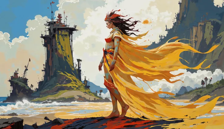 fashion illustration, illustration, fantasia surreal, Beautiful girl with long wavy hair walks using summer dress, in Rio de Janeiro, Redentor, color palette Button Blue, Dark Yellow, Peridot, UE Red, Carmine, morning, volumetric lights, , acrylic, f...