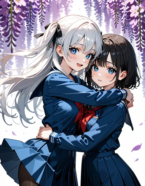 (score_9, score_8_up, score_7_up), source_Anime, absurd_res, white, blue, black, 2girls, duo, upper body, super fine illustration, an extremely delicate and beautiful, best quality, masterpiece, 8K, spring setting, wisteria flowers, gentle breeze, sunlight...