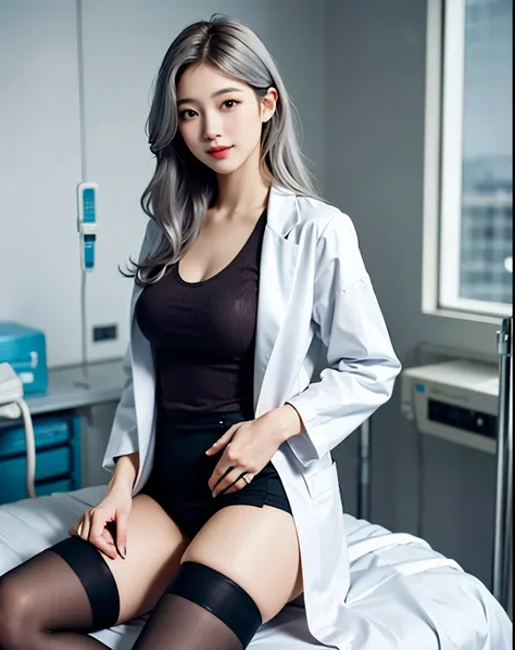 Beautiful legs, stockings, ultra  details, masterpiece, best quality, beautiful,  details, alone, charming smile, Sexy Lips , one girl, purple eyes, silver hair, Sexy Poses, big breasts, Low Hair Ring, open your legs, doctor, white coat, hospital