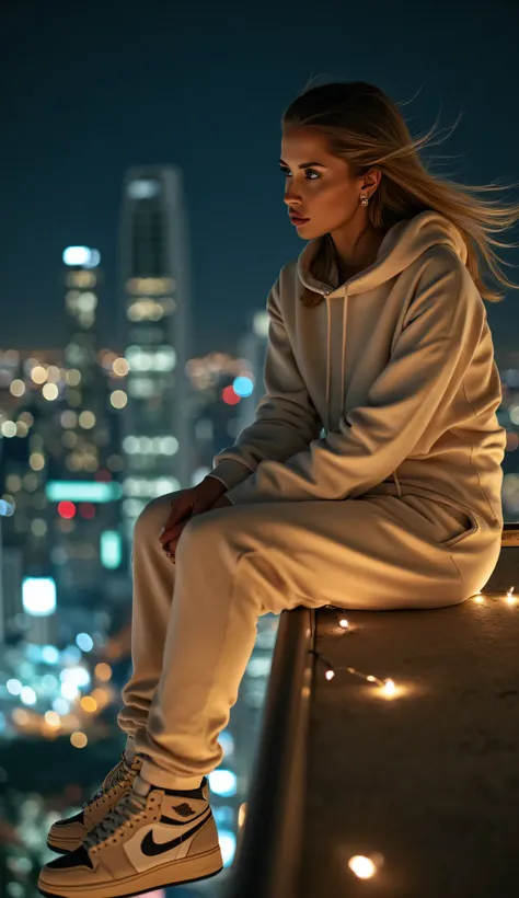 Ultra detailed, cinematic, facial beauty, ultra detailed face, " taken from below, shot of Blonde woman in soft oversized cream joggers and hoodie with jordan 1 sneakers, sitting the edge of a modern city rooftop at night with her legs waving in the air, ...