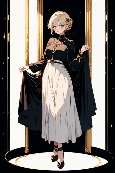 high quality, anime, woman, glad, evil smiling, standing, looking at viewer, blonde, french twist hair, green eyes, pale skin, tall, slender, empire dress, long sleeve, european, 20-year-old, white background, 1920s, full body shot