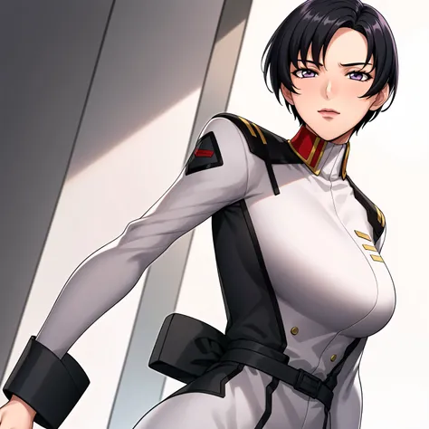 Simple White Background,
dynamic pose,standing at attention,
 military, military uniform, long sleeves, white shirt,

purple eyes, black hair,bangs,short hair,

1 girl, 20yo,Young female,Beautiful long legs,Beautiful body,
Beautiful Nose,Beautiful characte...