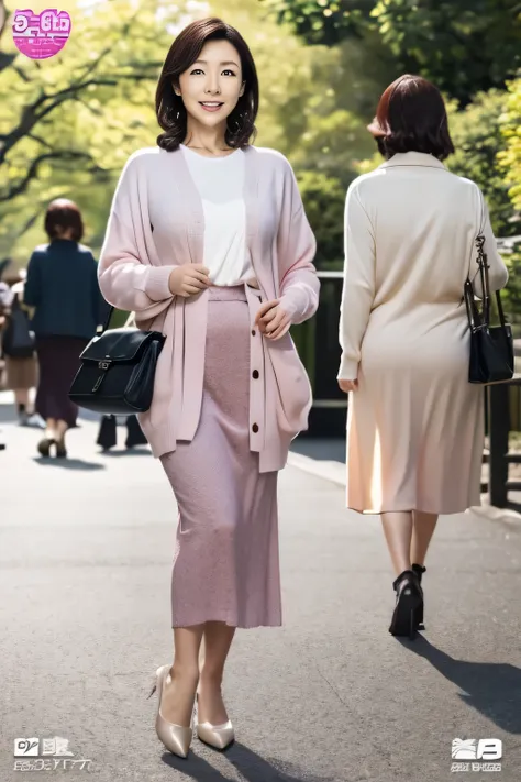 AVのCover photos、50 Year Old Japanese Mature Pornstar、slender figure、big ass、gentle smile、pastel colored cardigan、 camisole shirt 、long tight skirt、handbags in Tokyo、A walk through a sunny park、Skebra:1.5、Multiparous women:1.5、menopause:1.5、