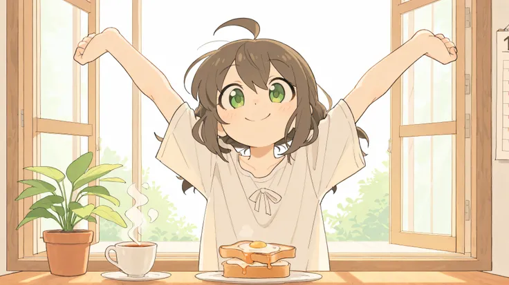 masterpiece, best quality, newest, absurdres, highres,
short dark brown hair, ahoge, shiny green eyes, 1girl, solo, cheerful and energetic expression, bright happy smile, stretching arms up with joy, basking in warm morning sunlight, standing near open win...