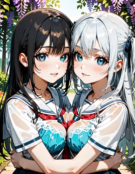 (score_9, score_8_up, score_7_up), source_Anime, absurd_res, white, blue, black, 2girls, duo, upper body, super fine illustration, an extremely delicate and beautiful, best quality, masterpiece, 8K, spring setting, wisteria flowers, gentle breeze, sunlight...