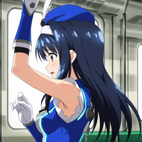 (masterpiece),(absurdres),(high quality), futaba aoi \(vividred operation\),vividred operation,blue hair, palette suit,hat,gloves,knee boots, bike shorts,hat feather, anime source, anime coloring, anime screencap, on train, holding hand grip
right arm up, ...