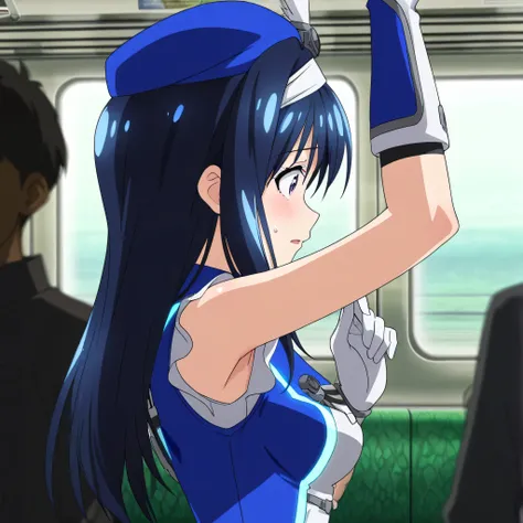 (masterpiece),(absurdres),(high quality), futaba aoi \(vividred operation\),vividred operation,blue hair, palette suit,hat,gloves,knee boots, bike shorts,hat feather, anime source, anime coloring, anime screencap, on train, holding hand grip
right arm up, ...