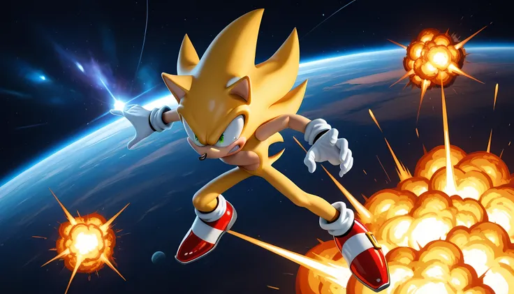 best quality, ((masterpiece)), illustration, Super Sonic, Sonic the Hedgehog, space background, epic ilustration, action shot, looking at screen, explosion background, angry facebest quality and masterpiece