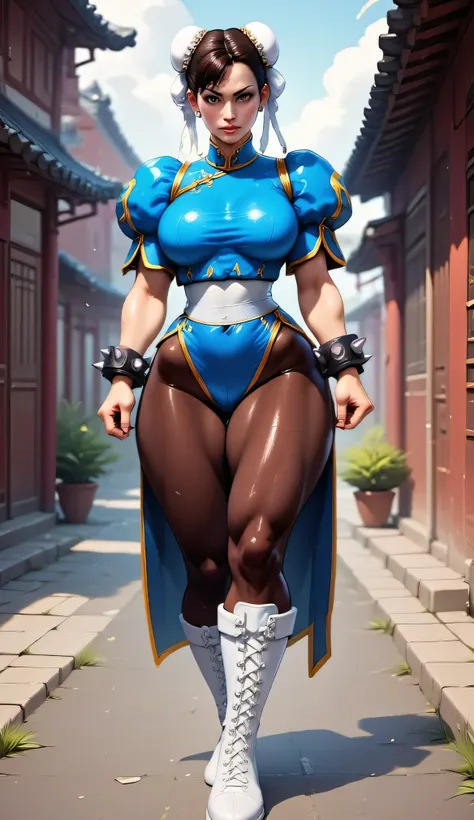 A highly realistic digital portrait of Chun-Li from Street Fighter, in her iconic classic outfit. She is standing in a powerful pose with one leg slightly raised, wearing her traditional blue qipao with gold trim, high-cut sides, and a white waistband. Her...